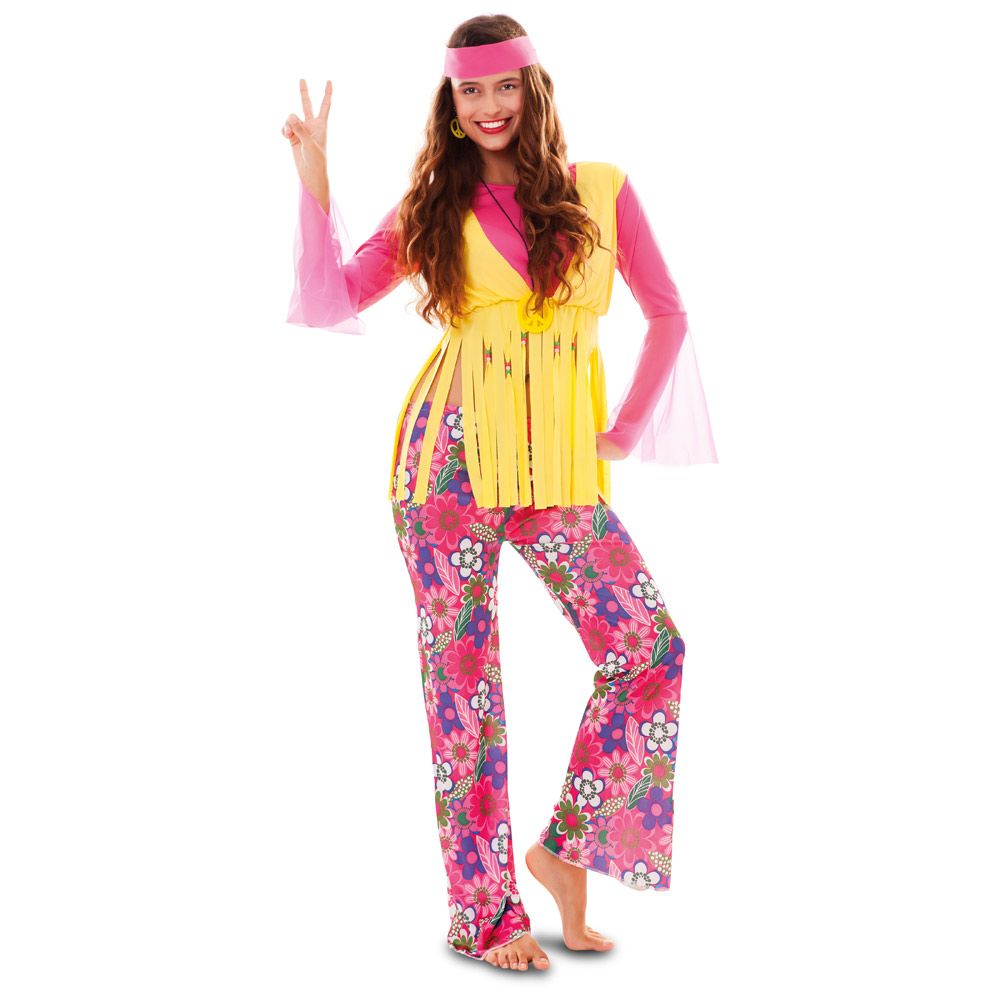 Disfraz Chica Hippie Rosa y Amarillo Adulto