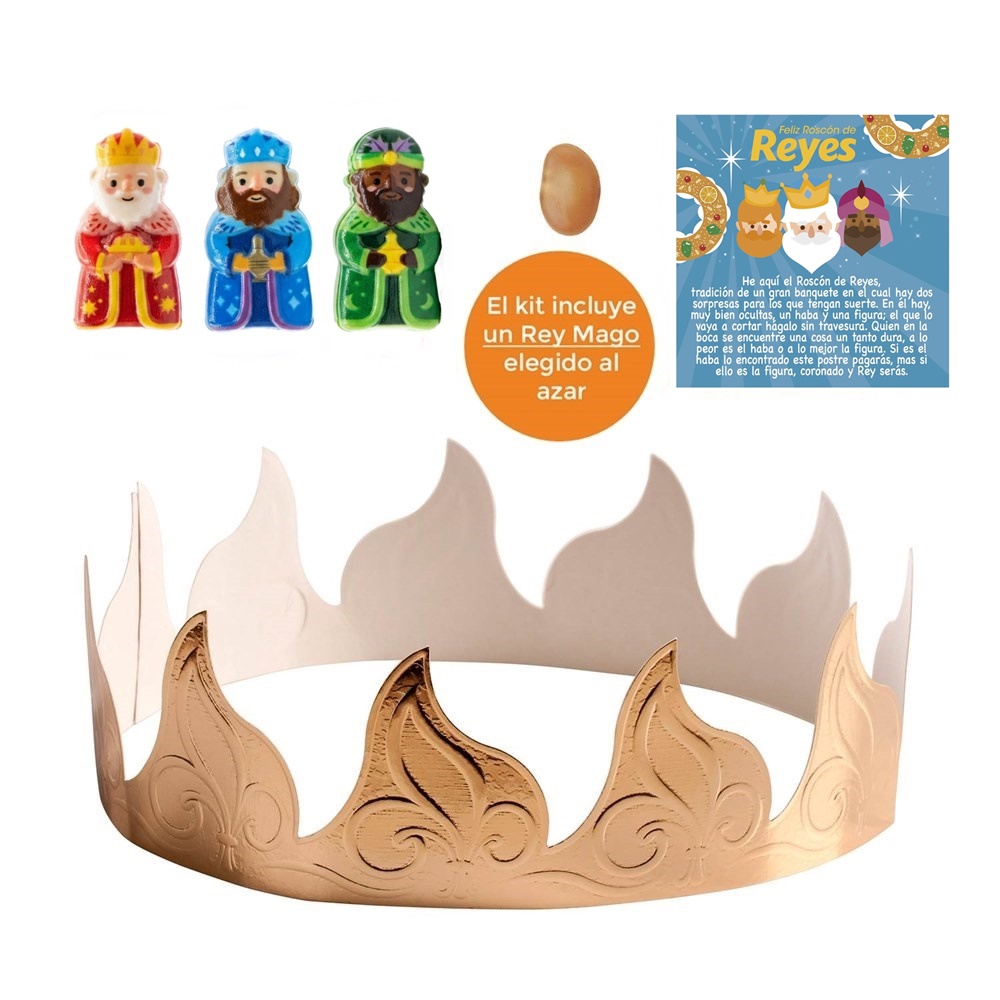 Kit Roscón Rey, Corona Oro, Haba y Tarjeta 100 ud - Dekora