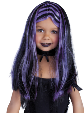 Peluca Negra con Mechas Lilas Infantil