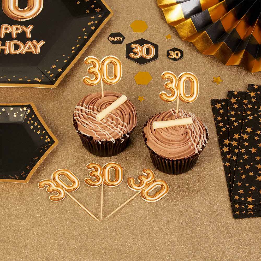 Set de 20 toppers para fiesta 30 años en color oro
