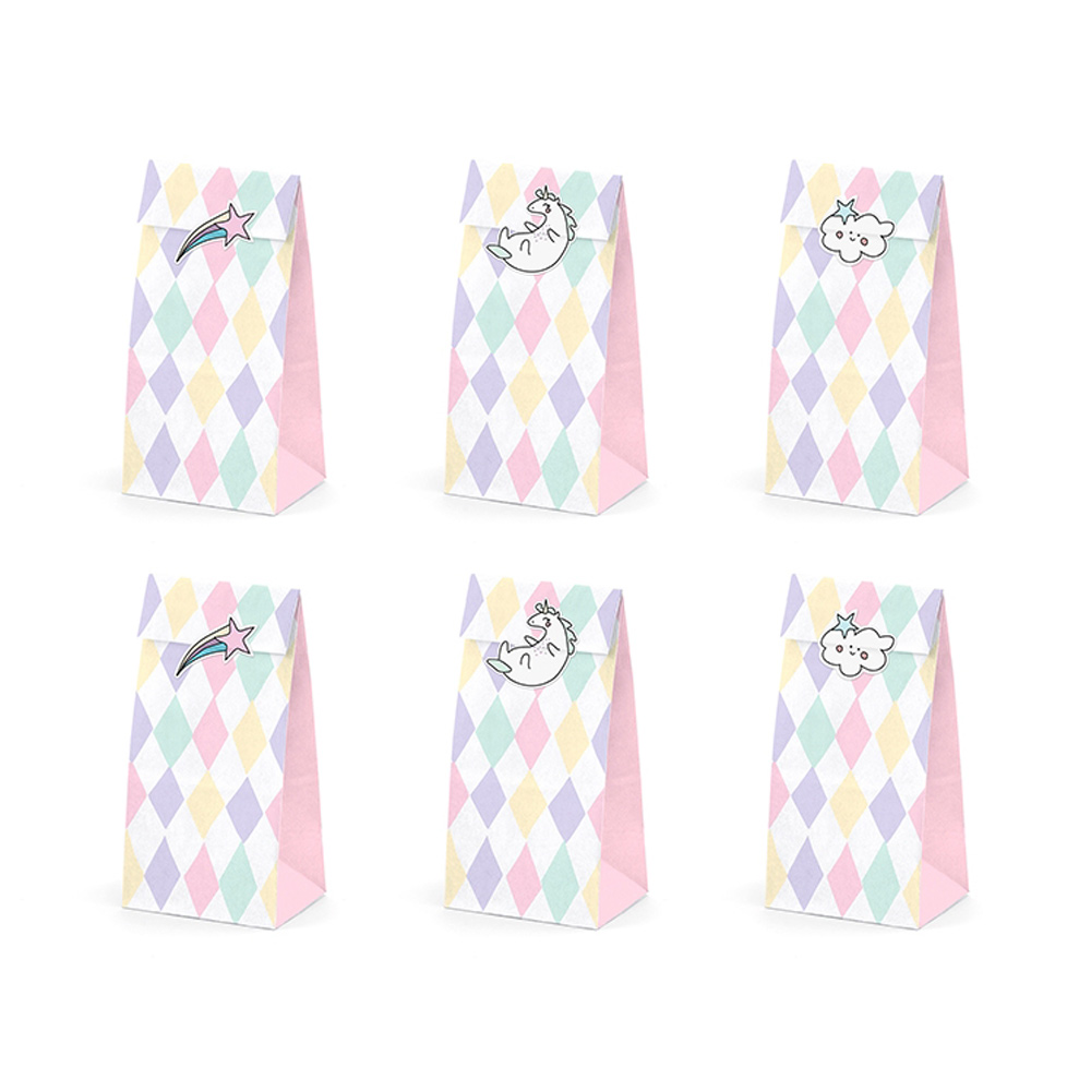 Set de 6 bolsas para gominolas con stickers de unicornio
