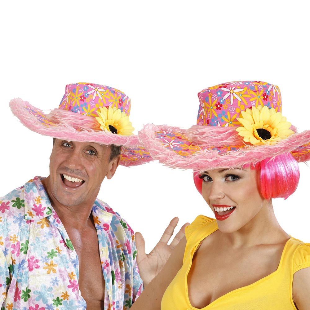 Sombrero Ibiza rosa con girasol y tira de pelo