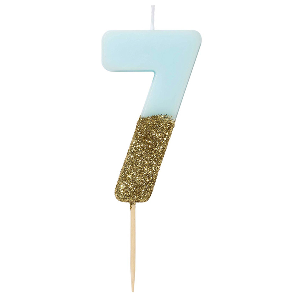 Vela del número 7 en color azul celeste y dorada de 12 cm